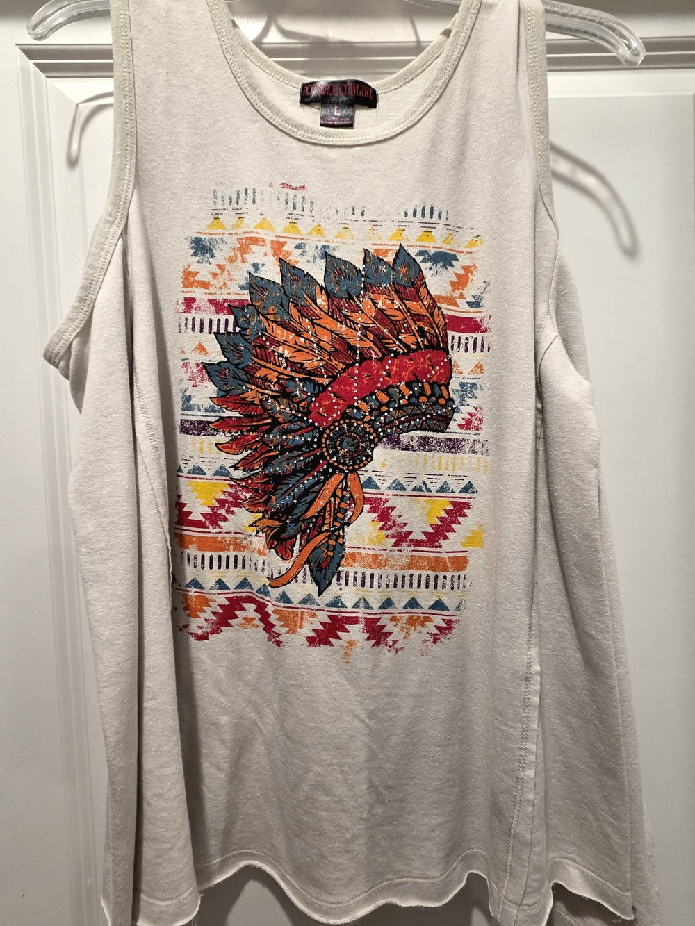 New Rock& Roll Off The Shoulder Graphic Top with Multi Headdress Print Western